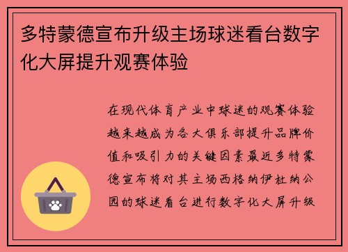 多特蒙德宣布升级主场球迷看台数字化大屏提升观赛体验
