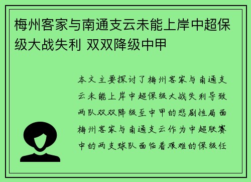 梅州客家与南通支云未能上岸中超保级大战失利 双双降级中甲